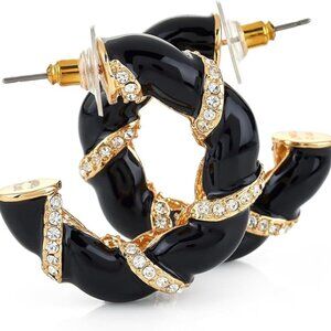 Kenneth Jay Lane,  Black Enamel Rhinestone Pierced Hoop Earrings